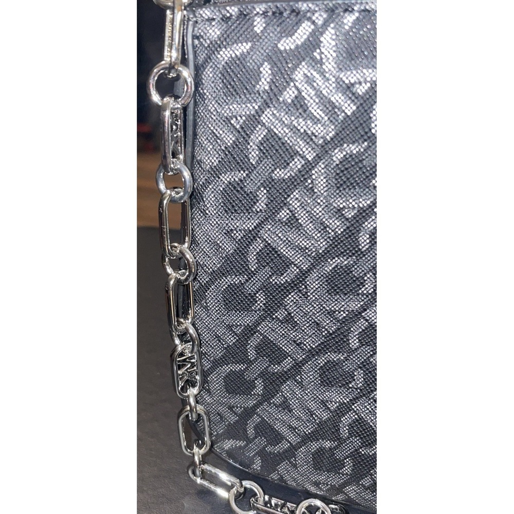 NWT✨Michael Kors Empire Medium Patent Chain Link Pochette Black Silver‎ Monogram - Picture 4 of 6